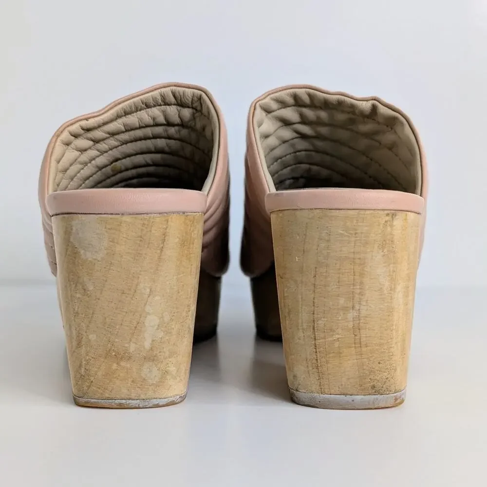 Beklina Ribbed Clogs 8.5 Buff Pink Tan Leather Platform Wood Clog Slip On US - Picture 5 of 16